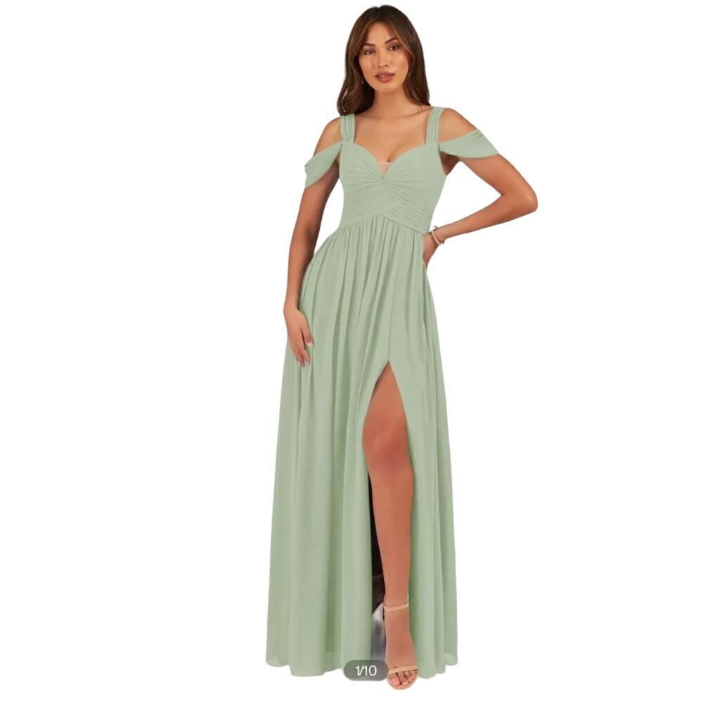 Azazie Elegant Sage Green Cold Shoulder Maxi Dress with Slit for Formal Events